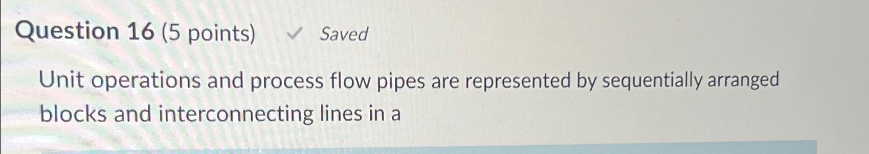  Question 16(5 points) Saved Unit operations and process flow pipes are