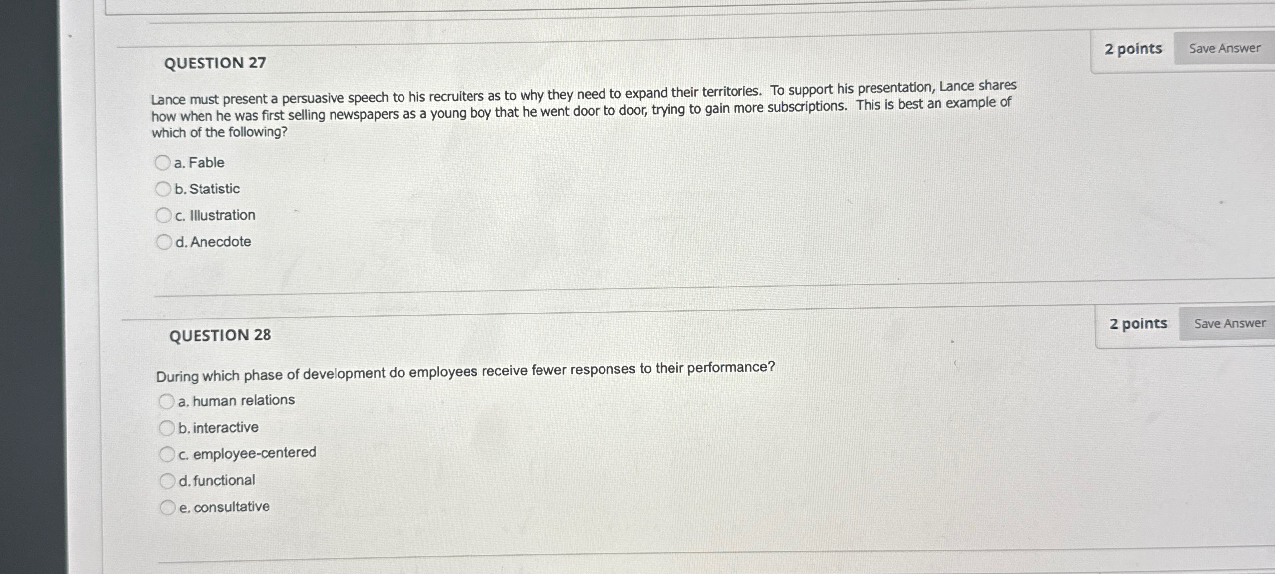  QUESTION 27 2 points Lance must present a persuasive speech to