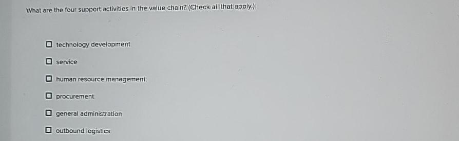  What are the four support activities in the value chain? (Check