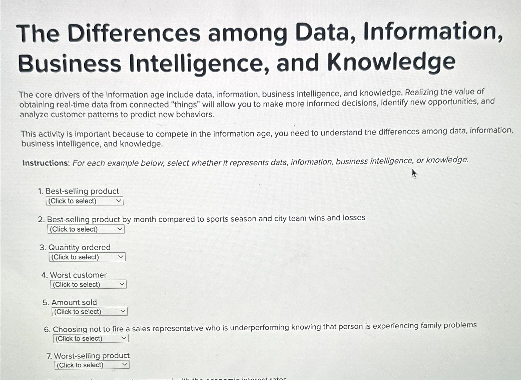  The Differences among Data, Information, Business Intelligence, and Knowledge The core