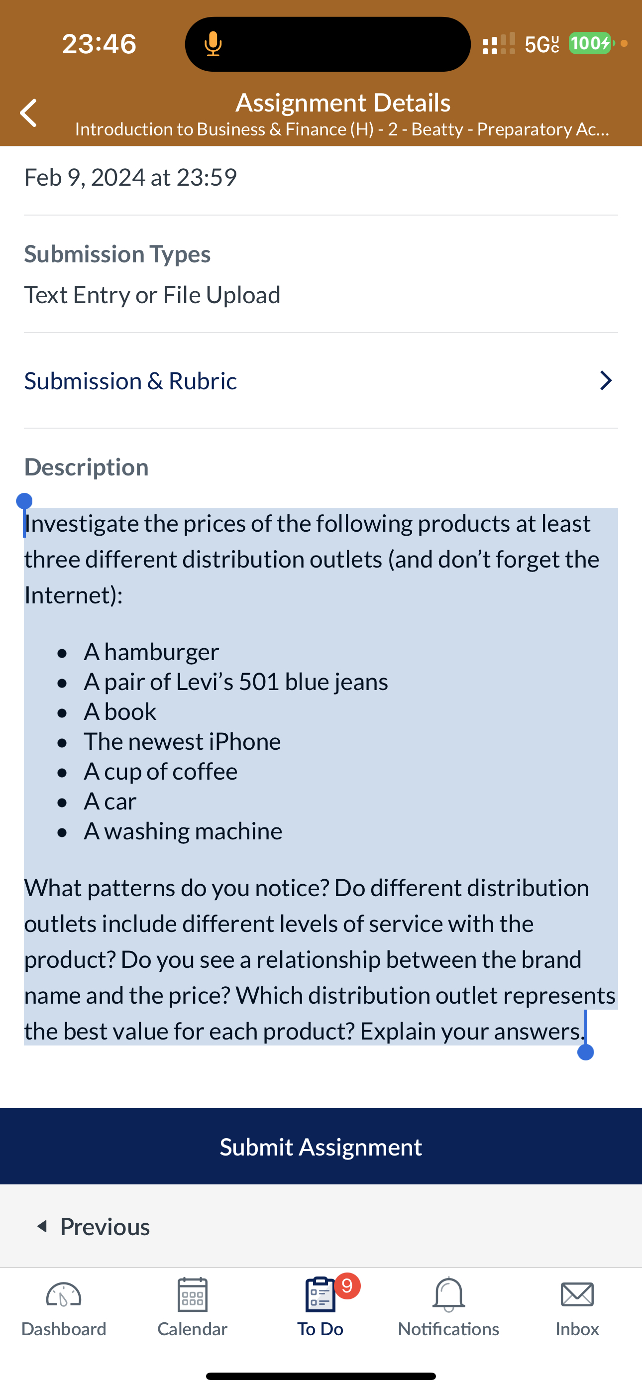 23:46 Q 5GC1004) Assignment Details Introduction to Business & Finance (H)-2-