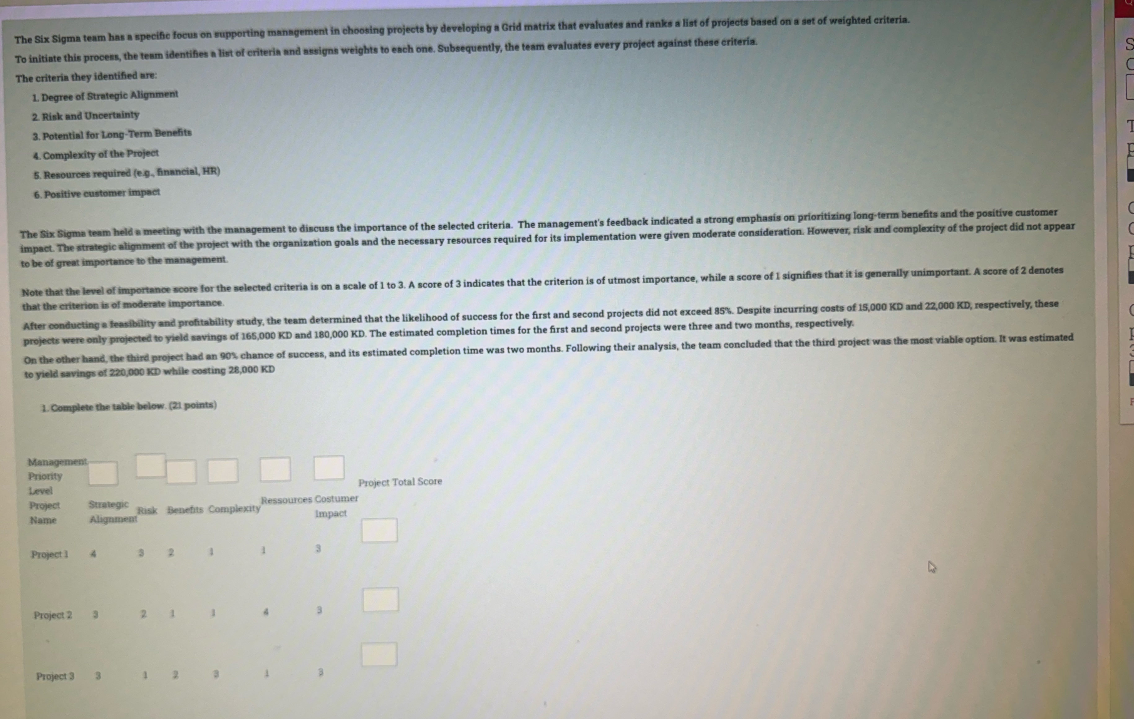  The Six Sigma team has a specific focus on supporting management