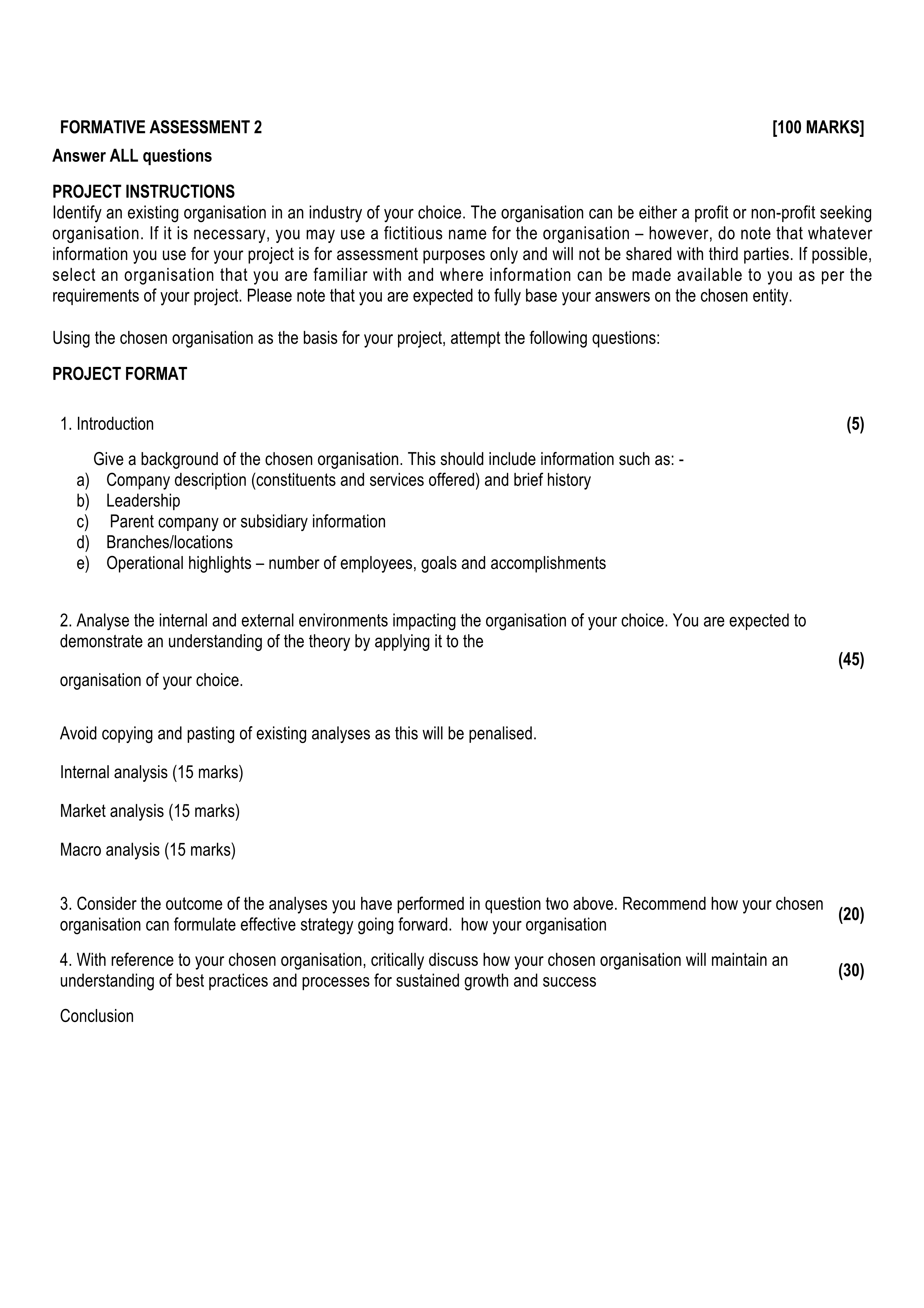  FORMATIVE ASSESSMENT 2 [100 MARKS] Answer ALL questions PROJECT INSTRUCTIONS Identify