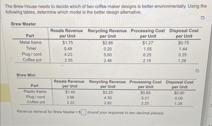please answer asap! The Brew House needs to decide which of two