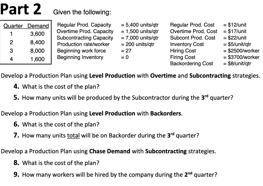  Part 2 Given the following: Develop a Production Plan using Level