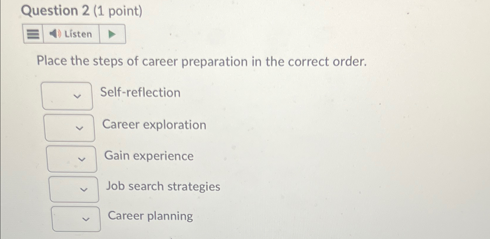  Question 2(1 point) Listen Place the steps of career preparation in