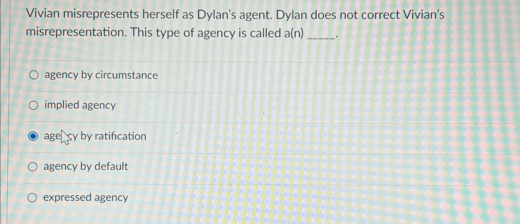  Vivian misrepresents herself as Dylan's agent. Dylan does not correct Vivian's