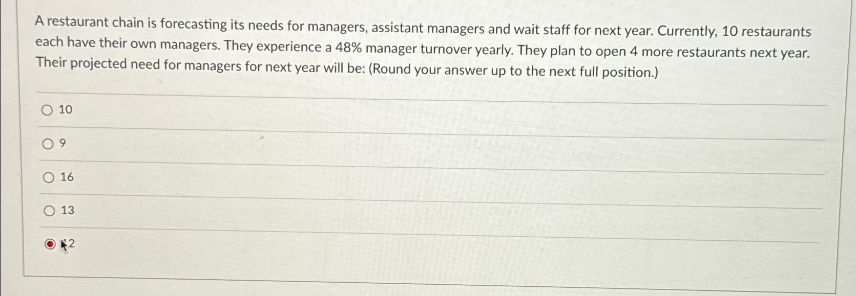  A restaurant chain is forecasting its needs for managers, assistant managers