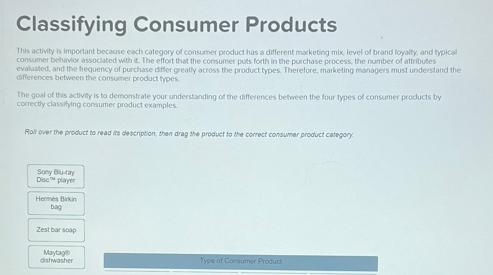  Classifying Consumer Products This activity is important because each category of