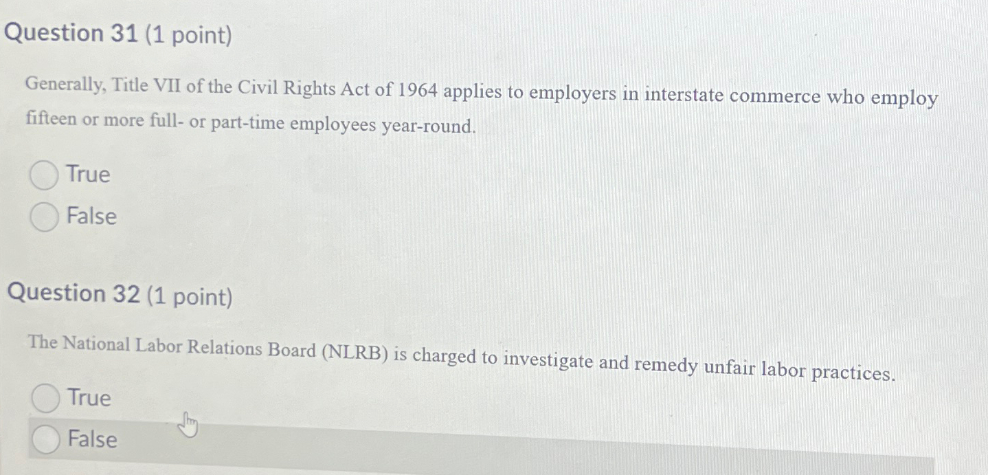  Question 31(1 point) Generally, Title VII of the Civil Rights Act