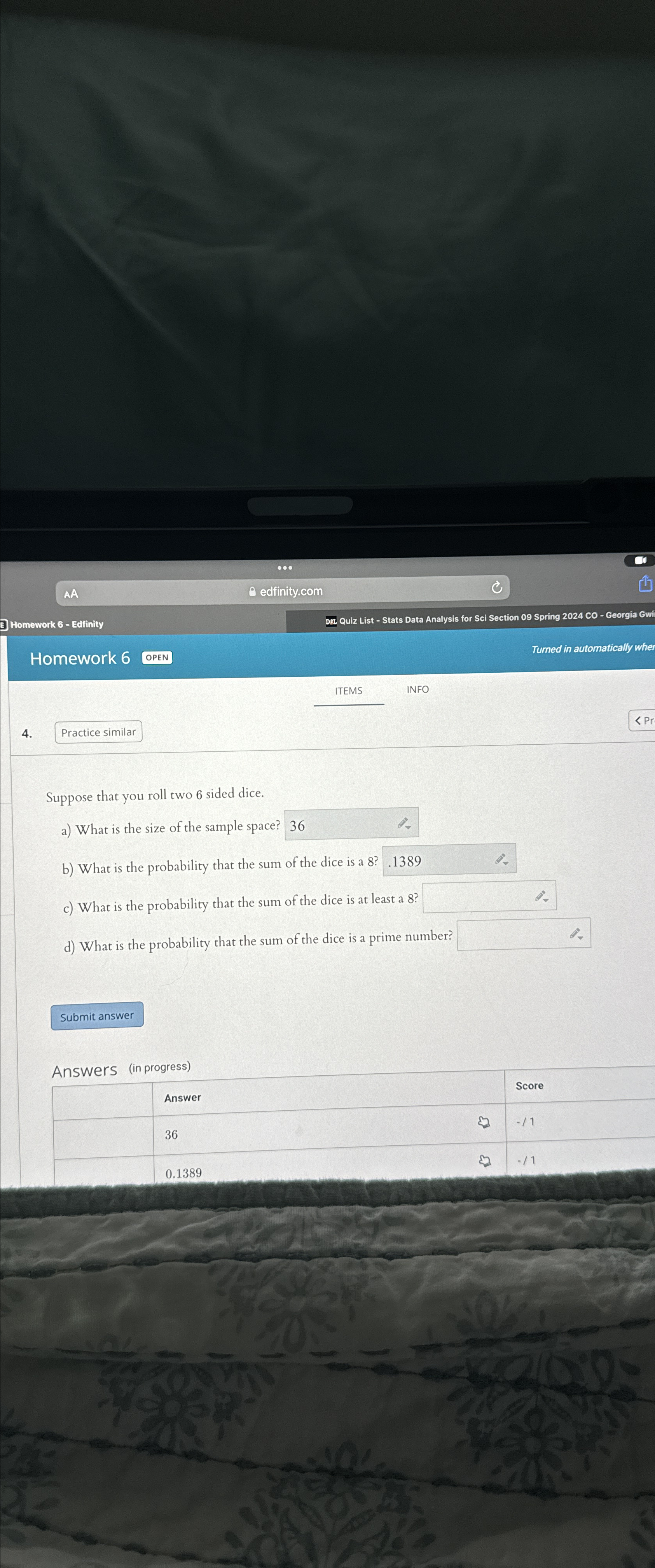  E Homework 6- Edfinity Homework 6 OPEN Turned in automatically whe