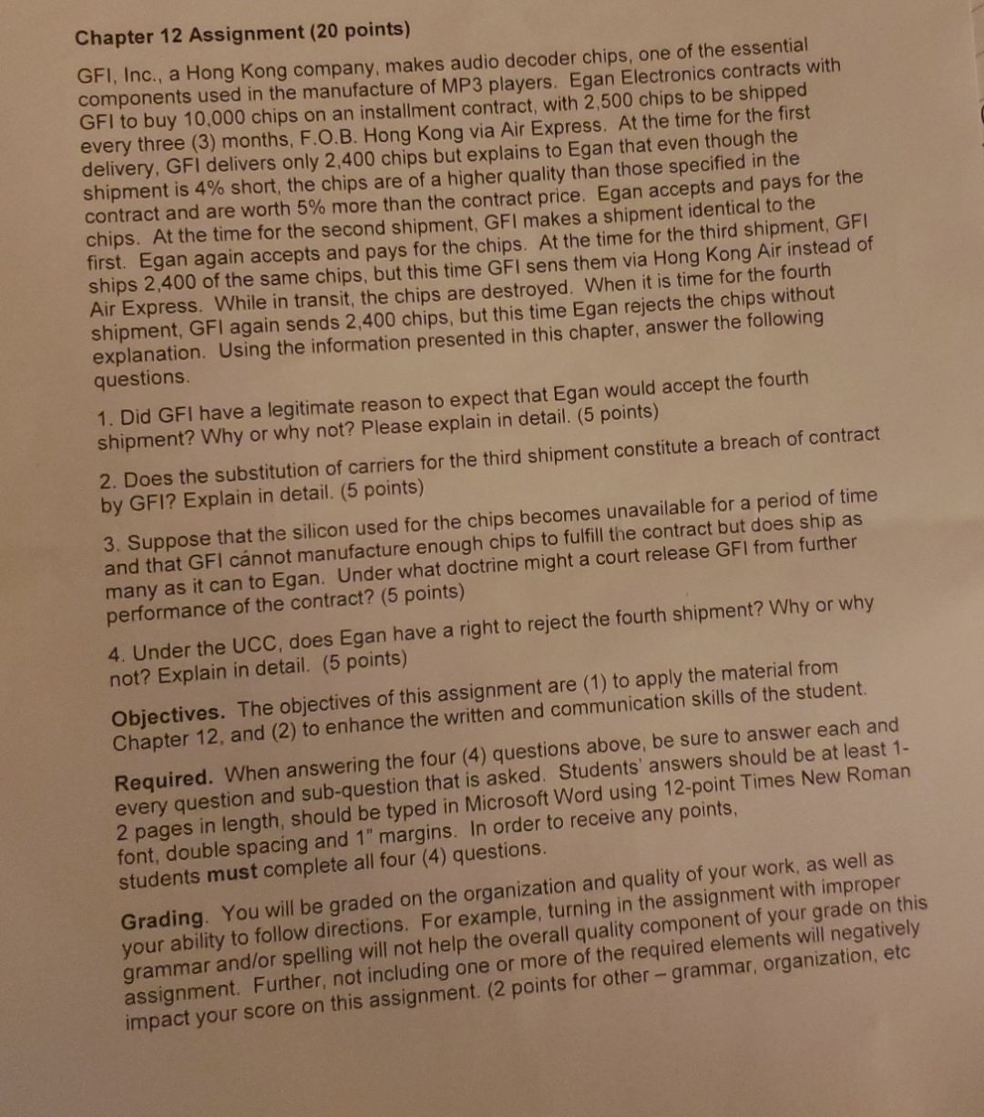  Chapter 12 Assignment (20 points) GFI, Inc., a Hong Kong company,