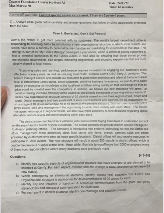  Course: Foundation Course (content A) Max Marks: 50 Date: 24/03/22 Time:
