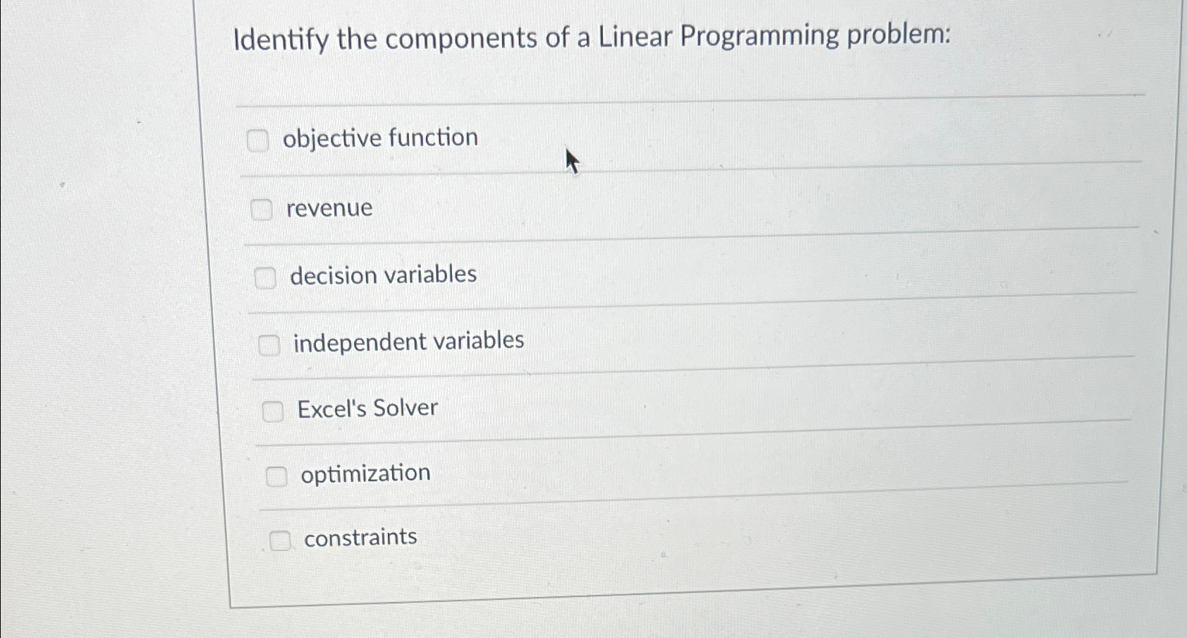  Identify the components of a Linear Programming problem: objective function revenue