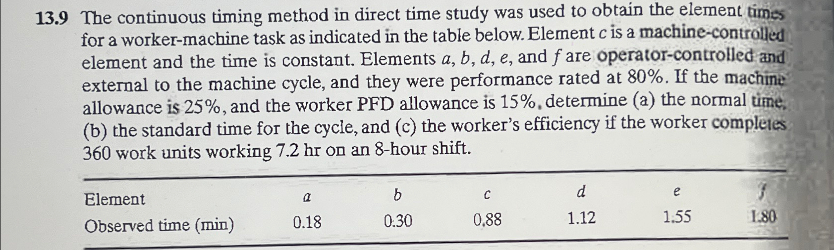  13.9 The continuous timing method in direct time study was used