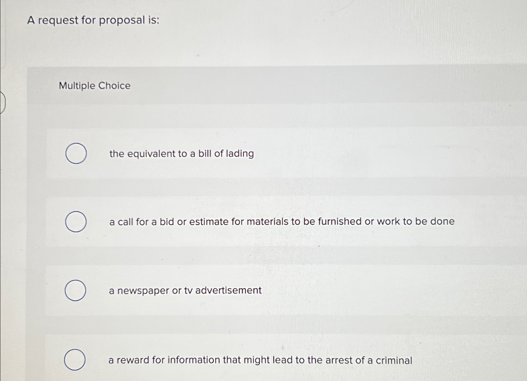  A request for proposal is: Multiple Choice the equivalent to a
