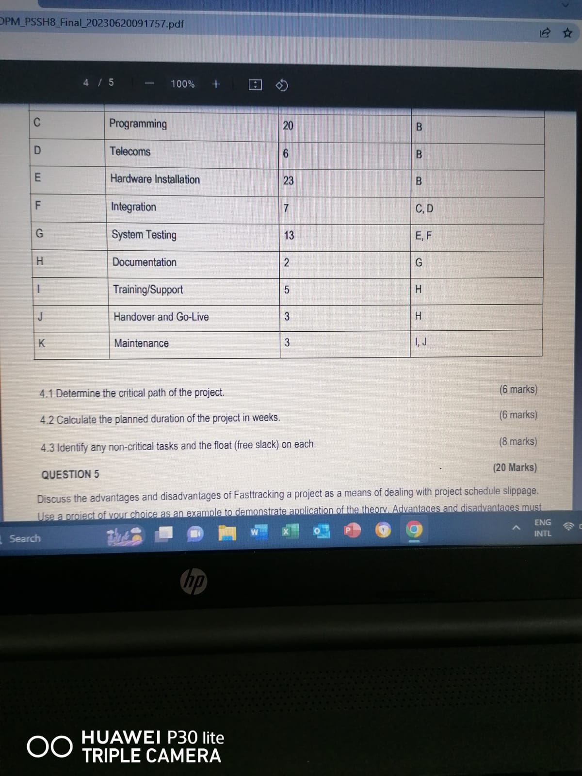  4.3 Identify any non-critical tasks and the float (free slack) on