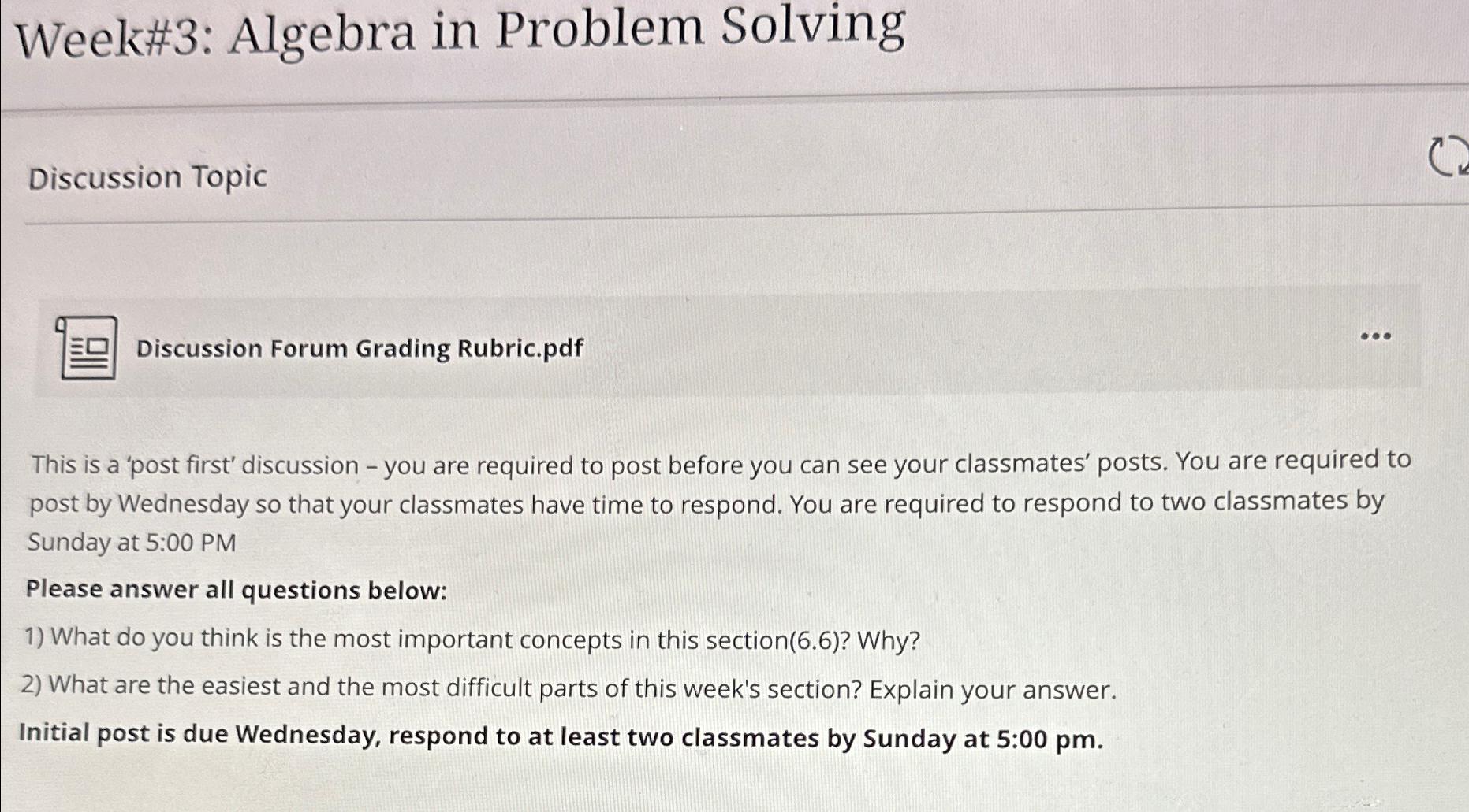  Week#3: Algebra in Problem Solving Discussion Topic Discussion Forum Grading Rubric.pdf