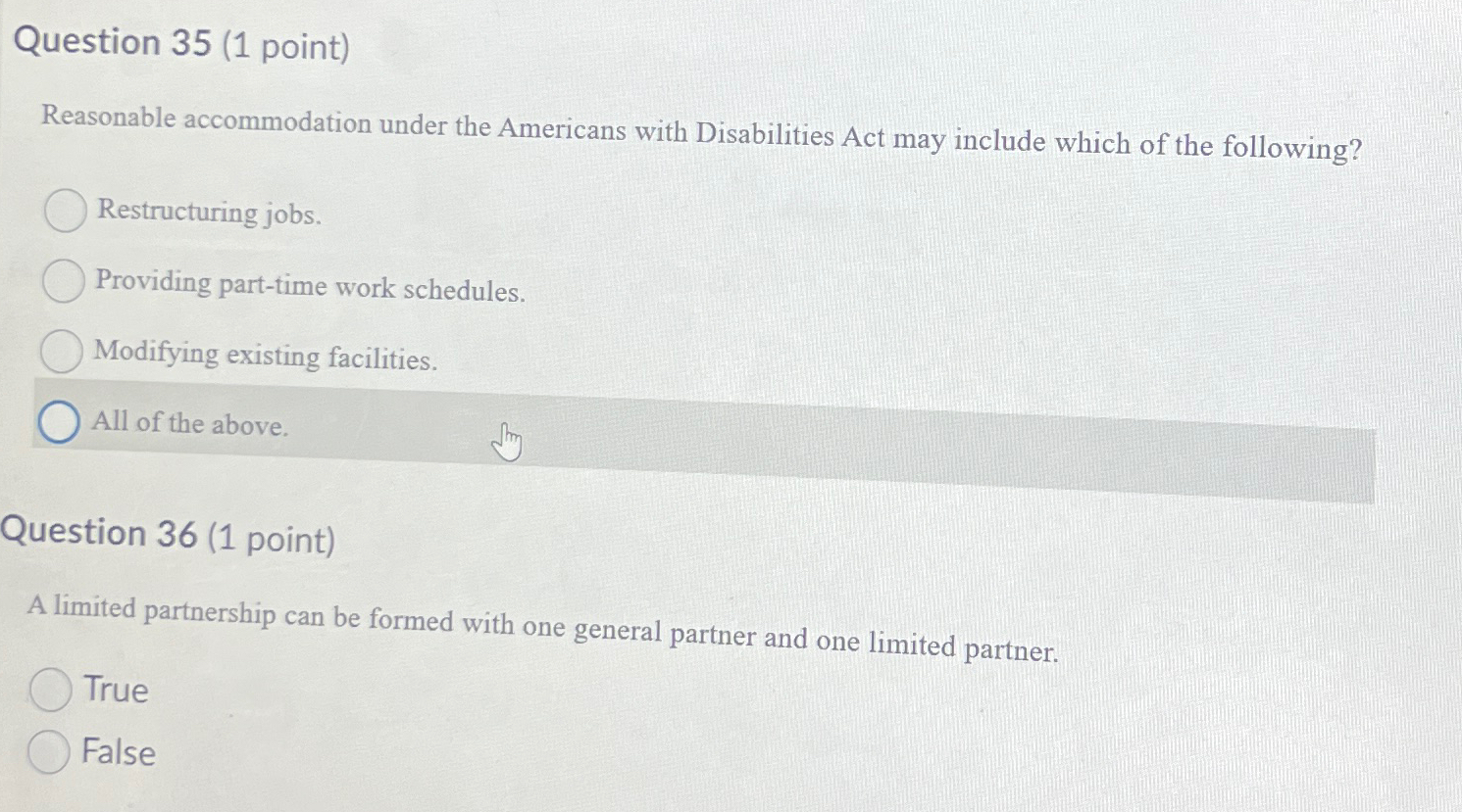  Question 35(1 point) Reasonable accommodation under the Americans with Disabilities Act