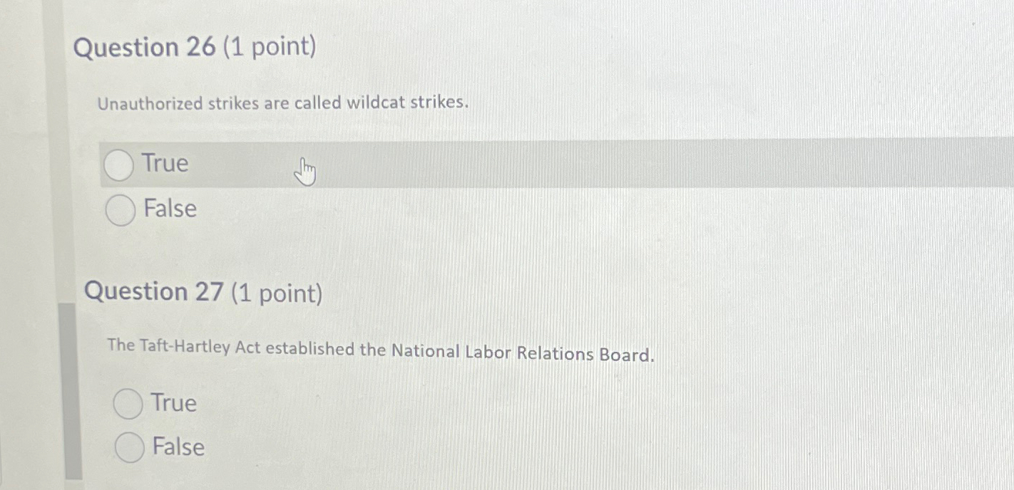  Question 26(1 point) Unauthorized strikes are called wildcat strikes. True False