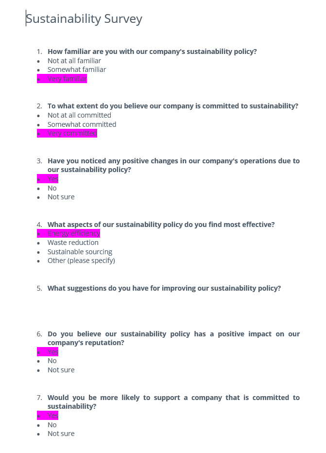  2. Please find five completed Sustainabilty surveys attached, completed by your