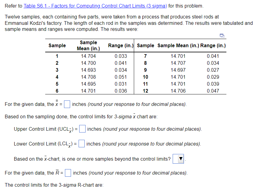  Refer to Table S6.1- Factors for Computing Control Chart Limits (3