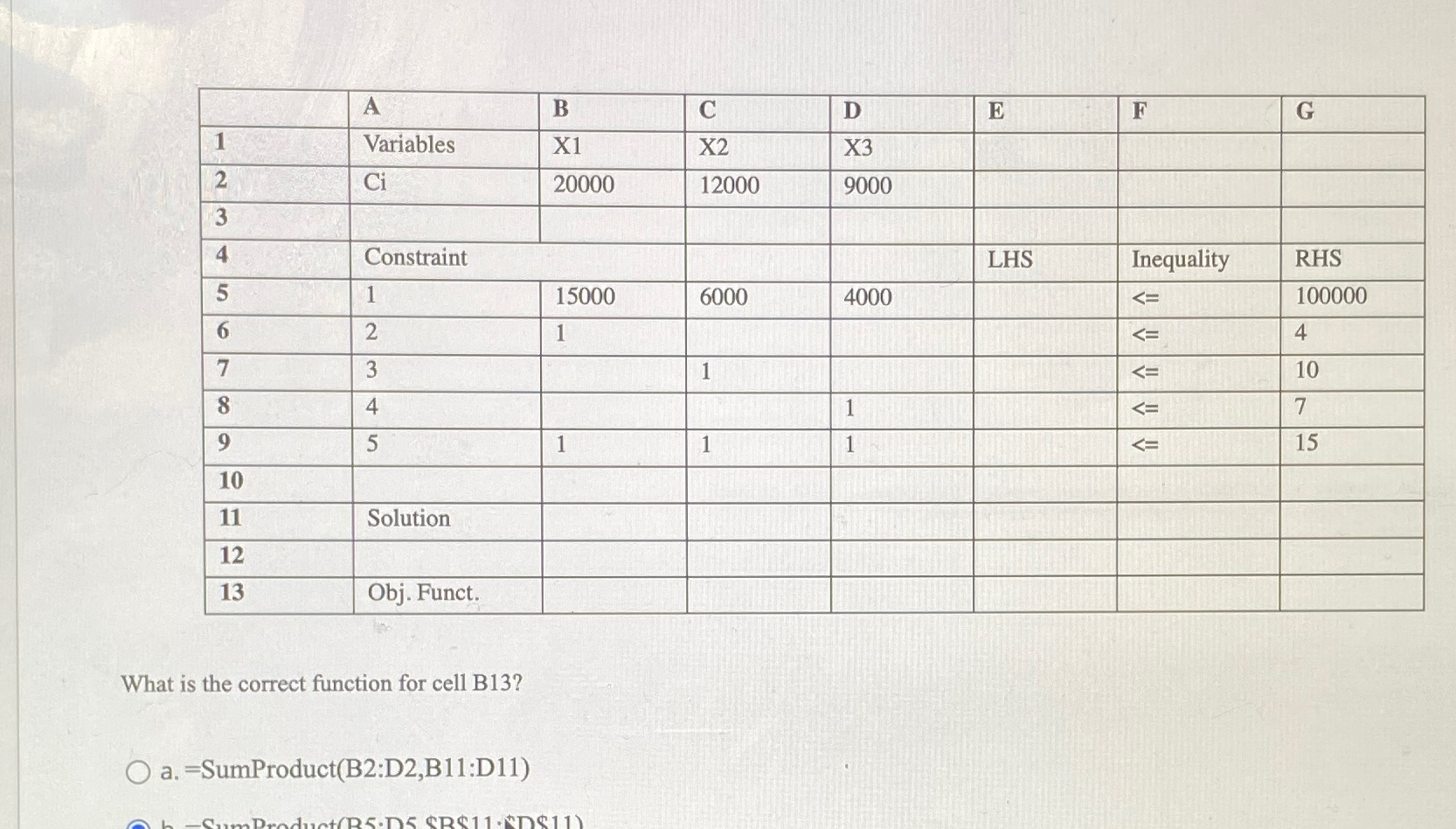  \table[[,A,B,C,D,E,F,G],[1,Variables,X1,x2,X3,,,],[2,Ci,20000,12000,9000,,,],[3,,,,,,,],[4,Constraint,,,LHS,Inequality,RHS],[5,1,15000,6000,4000,,,100000],[6,2,1,,,,,4],[7,3,,1,,,,10],[8,4,,,1,,,7],[9,5,1,1,1,,,15],[10,,,,,,,],[11,Solution,,,,,,],[12,,,,,,,],[13,Obj. Funct.,,,,,,]] What is the correct function for cell B13? a.=SumProduct(B2:D2,B11:D11)