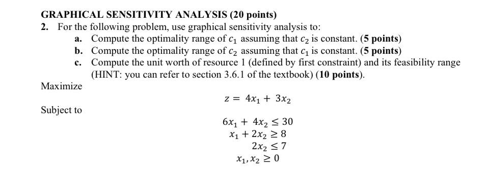  GRAPHICAL SENSITIVITY ANALYSIS (20 points) For the following problem, use graphical
