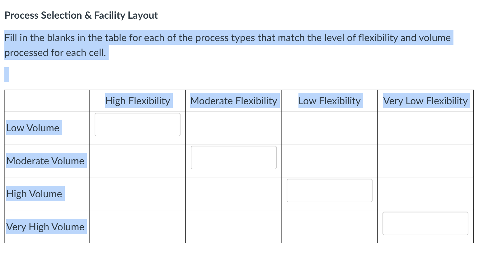  Process Selection \& Facility Layout Fill in the blanks in the