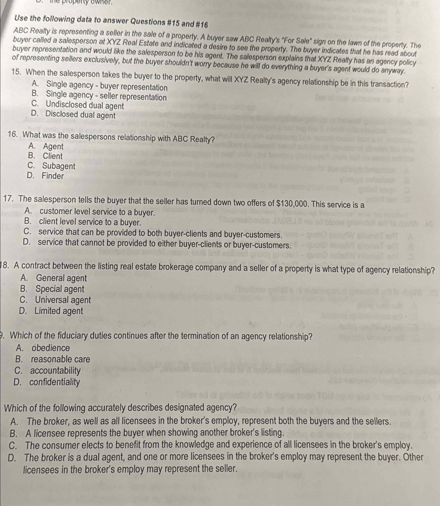  Use the following data to answer Questions #15 and #16 ABC