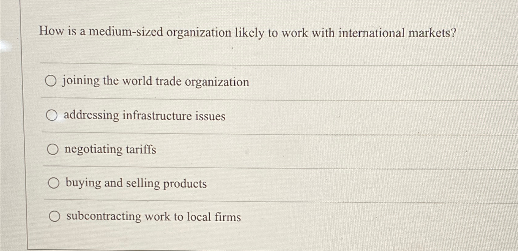  How is a medium-sized organization likely to work with international markets?