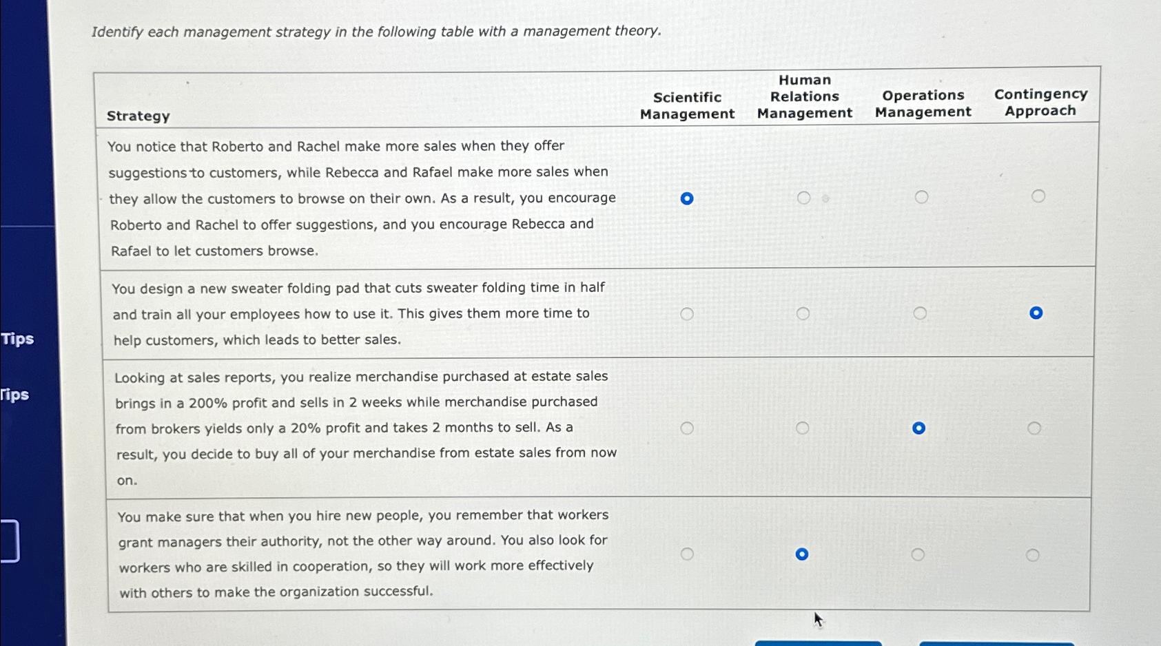  Identify each management strategy in the following table with a management