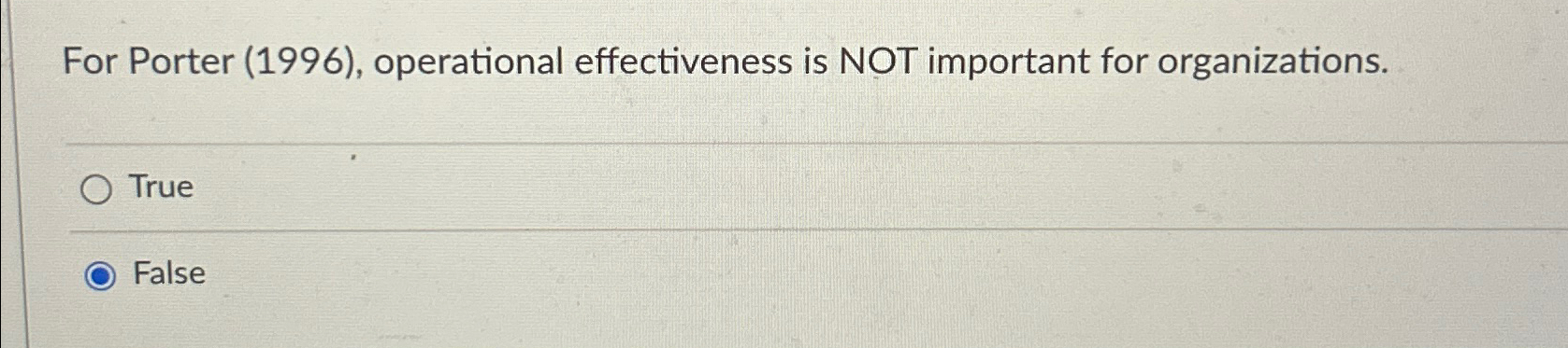  For Porter (1996), operational effectiveness is NOT important for organizations. True