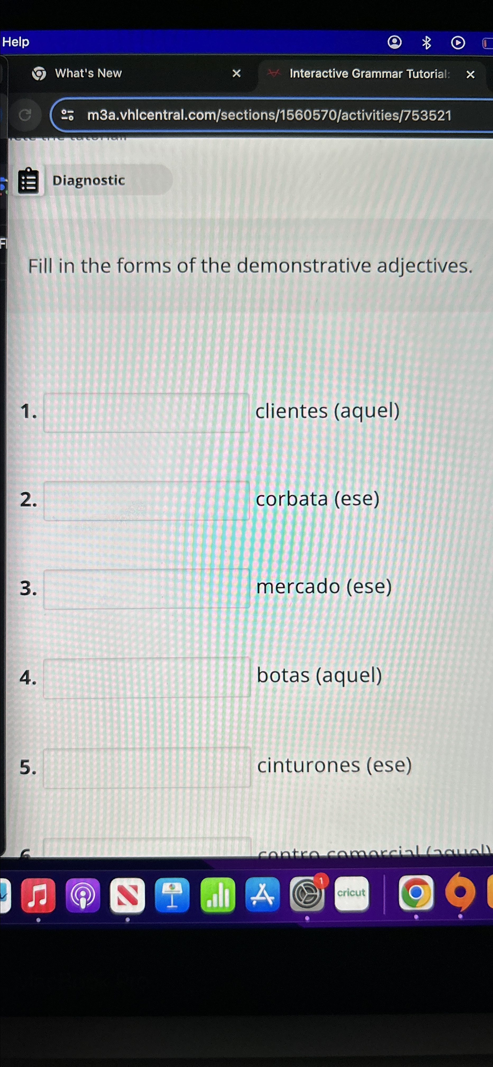  Help What's New Interactive Grammar Tutorial: m3a.vhlcentral.com/sections/1560570/activities/753521 Diagnostic Fill in the
