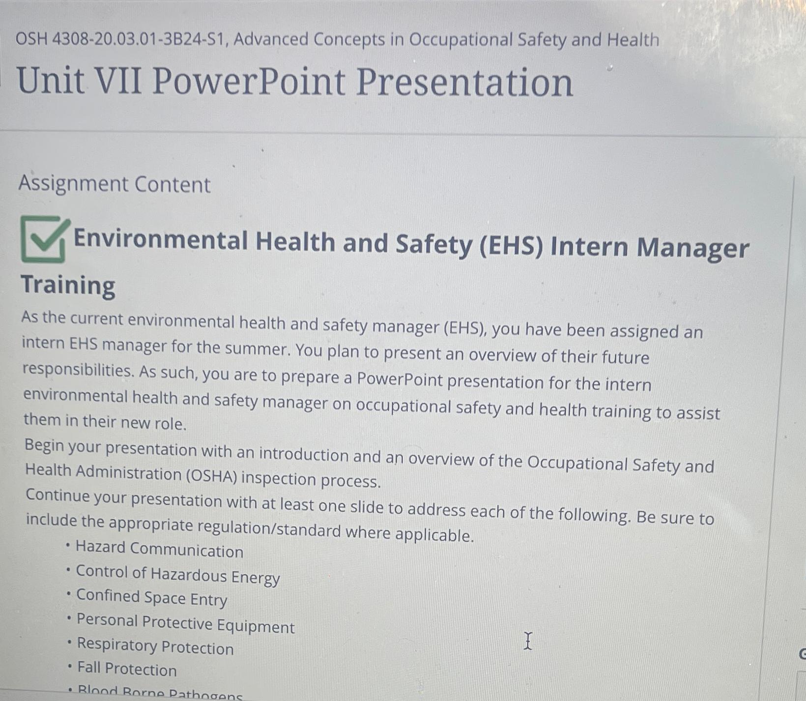  OSH 4308-20.03.01-3B24-S1, Advanced Concepts in Occupational Safety and Health Unit VII