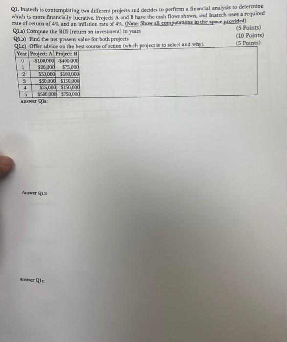  Q1. Inatech is contemplating two different projects and decides to perform