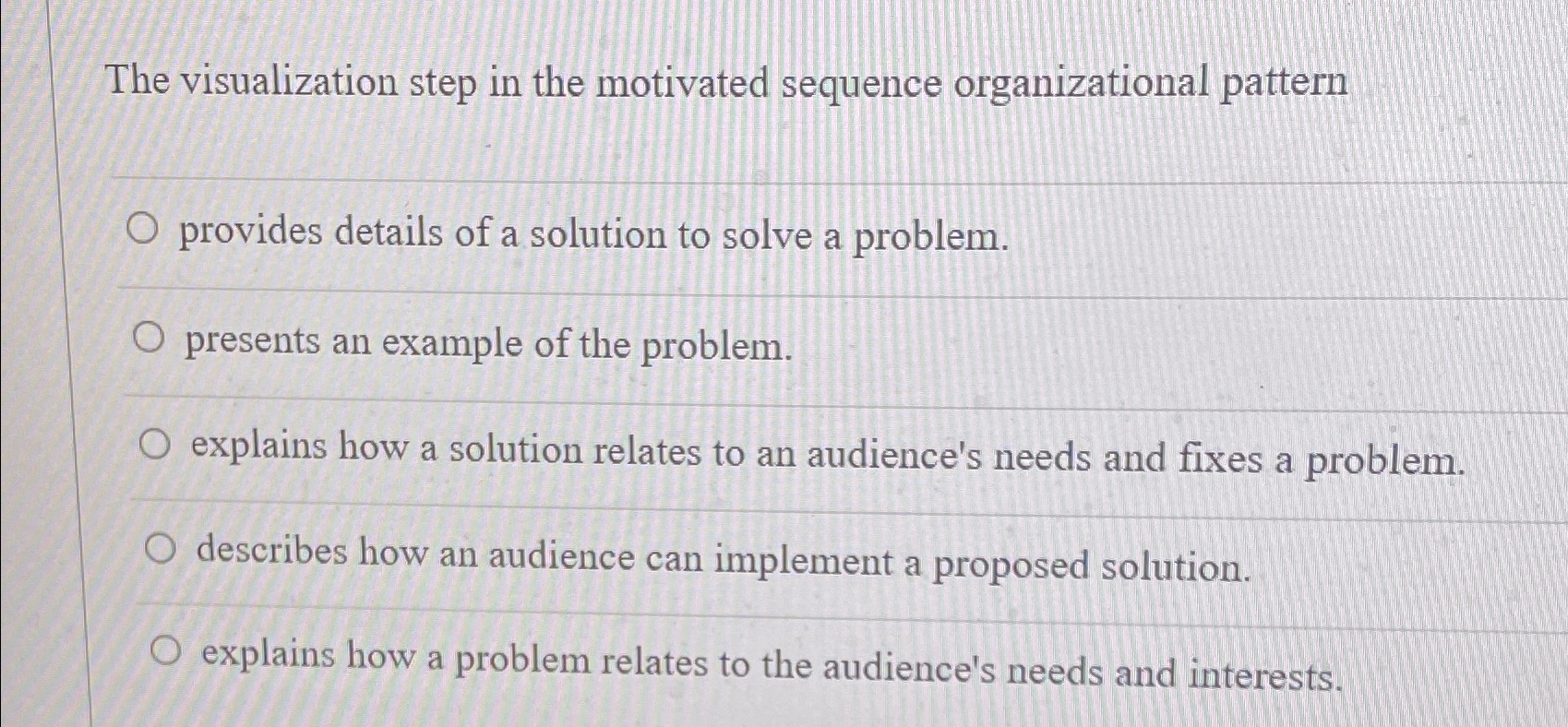  The visualization step in the motivated sequence organizational pattern provides details