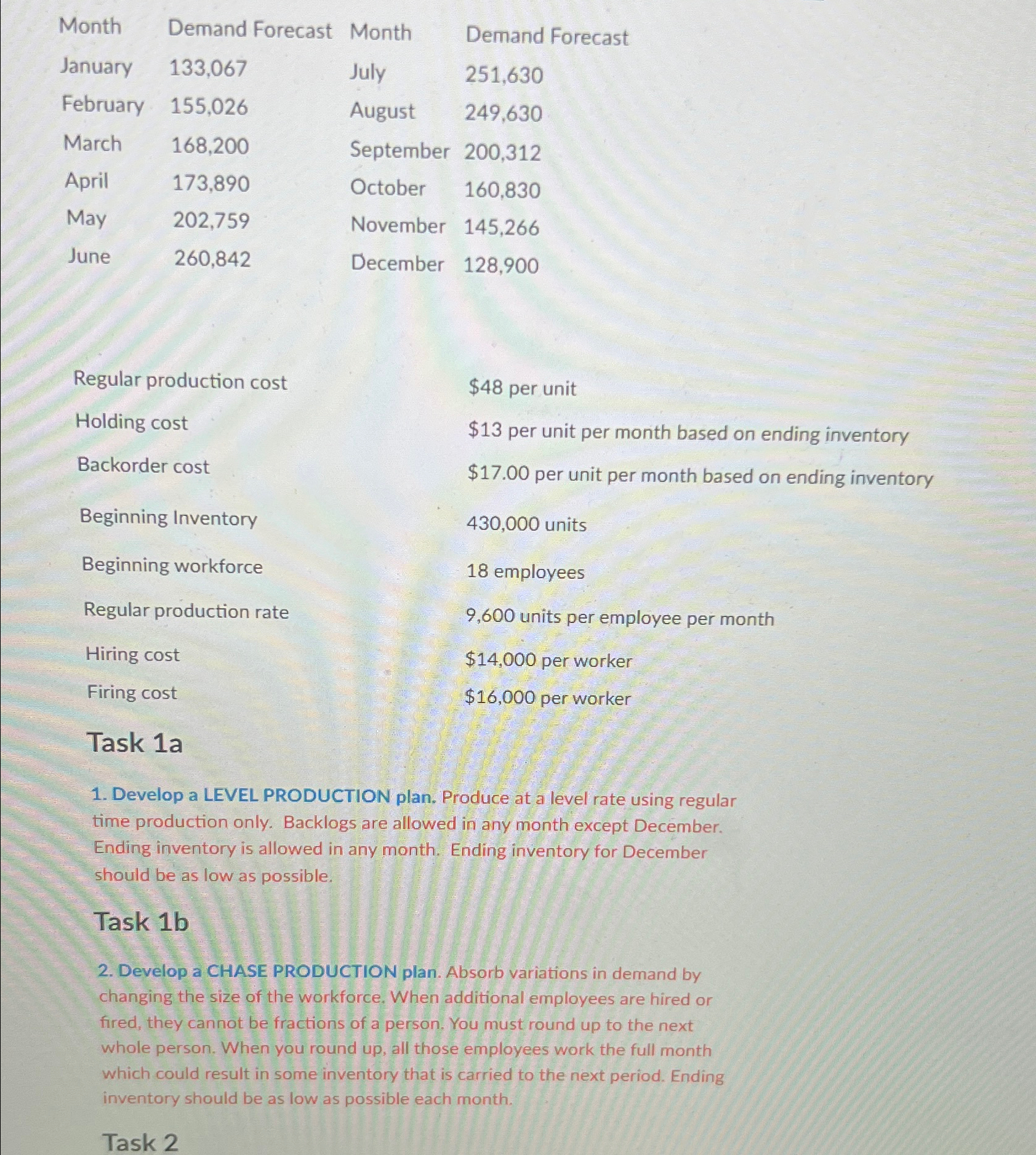  \table[[Month,Demand Forecast,Month,Demand Forecast],[January,133,067,July,251,630],[February,155,026,August,249,630],[March,168,200,September,200,312],[April,173,890,October,160,830],[May,202,759,November,145,266],[June,260,842,December,128,900]] Regular production cost Holding cost Backorder cost Beginning