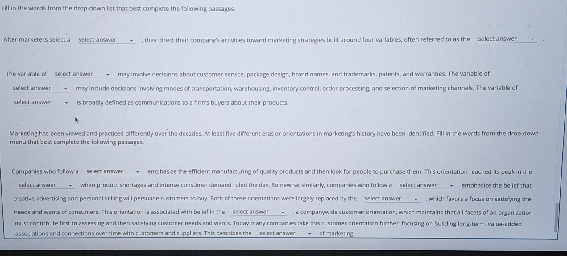  Fill in the words from the drop-down list that best complete