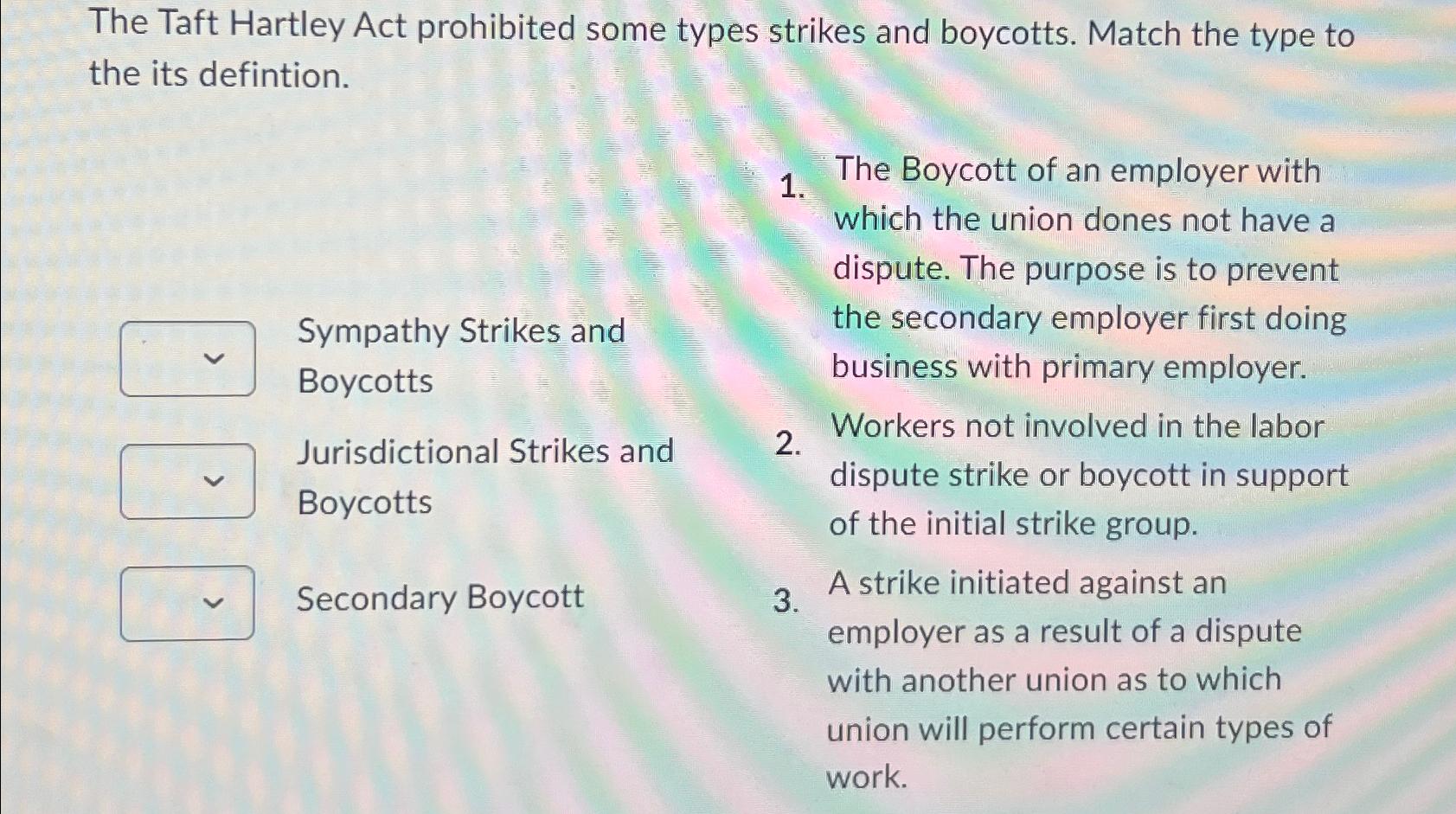  The Taft Hartley Act prohibited some types strikes and boycotts. Match