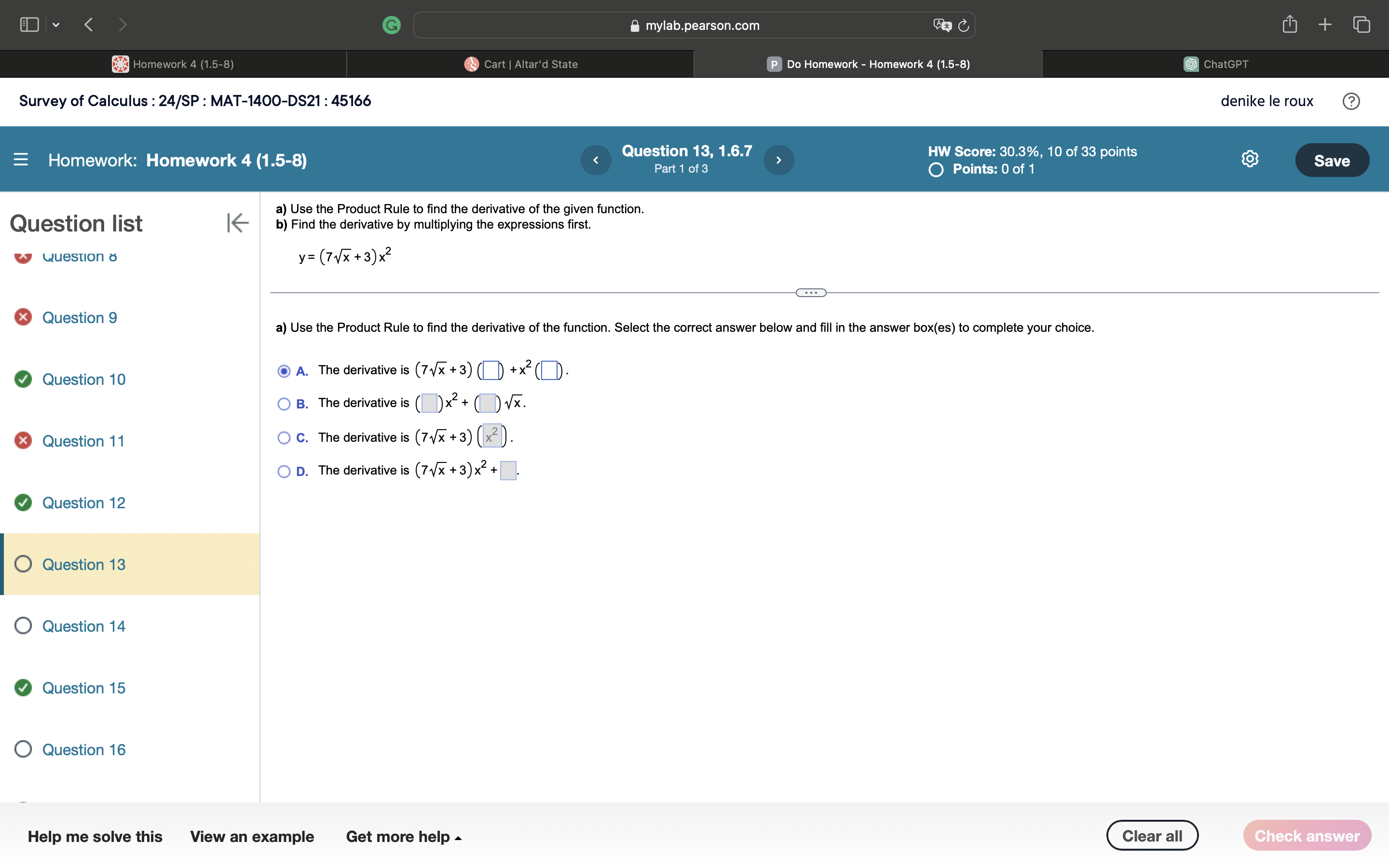 tangent line is horizontal. HW Score: 30.3%, 10 of 33 points (