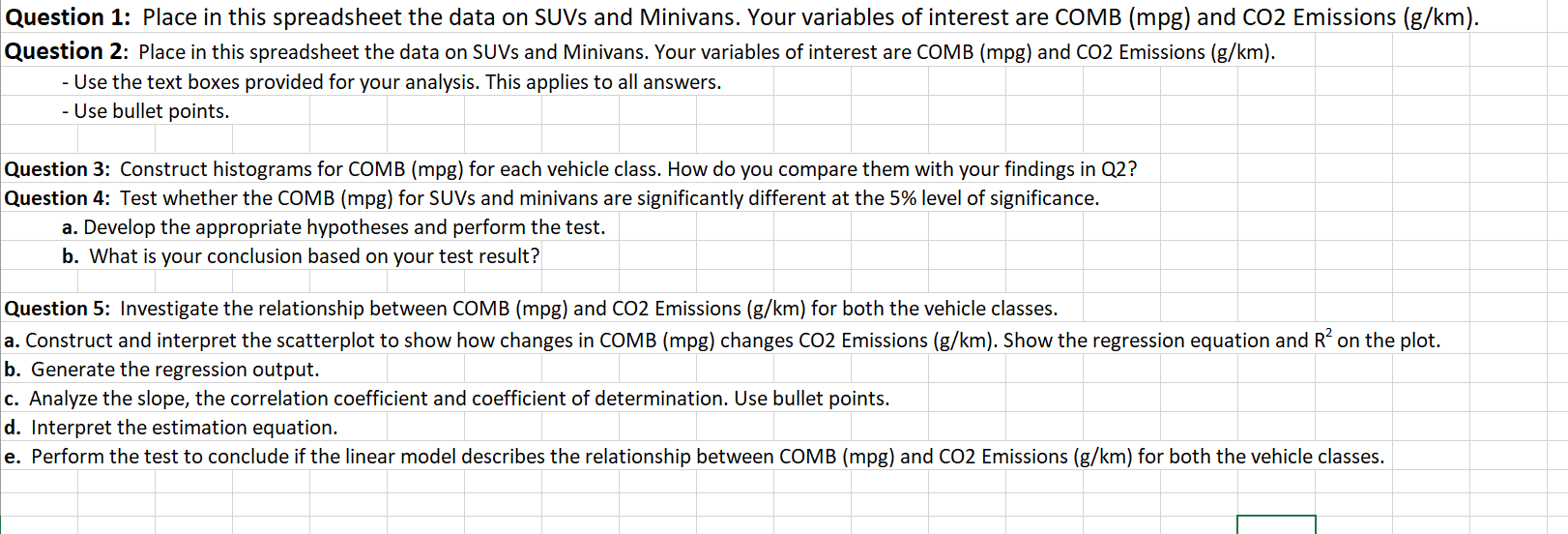 Question 1: Place in this spreadsheet the data on SUVs and