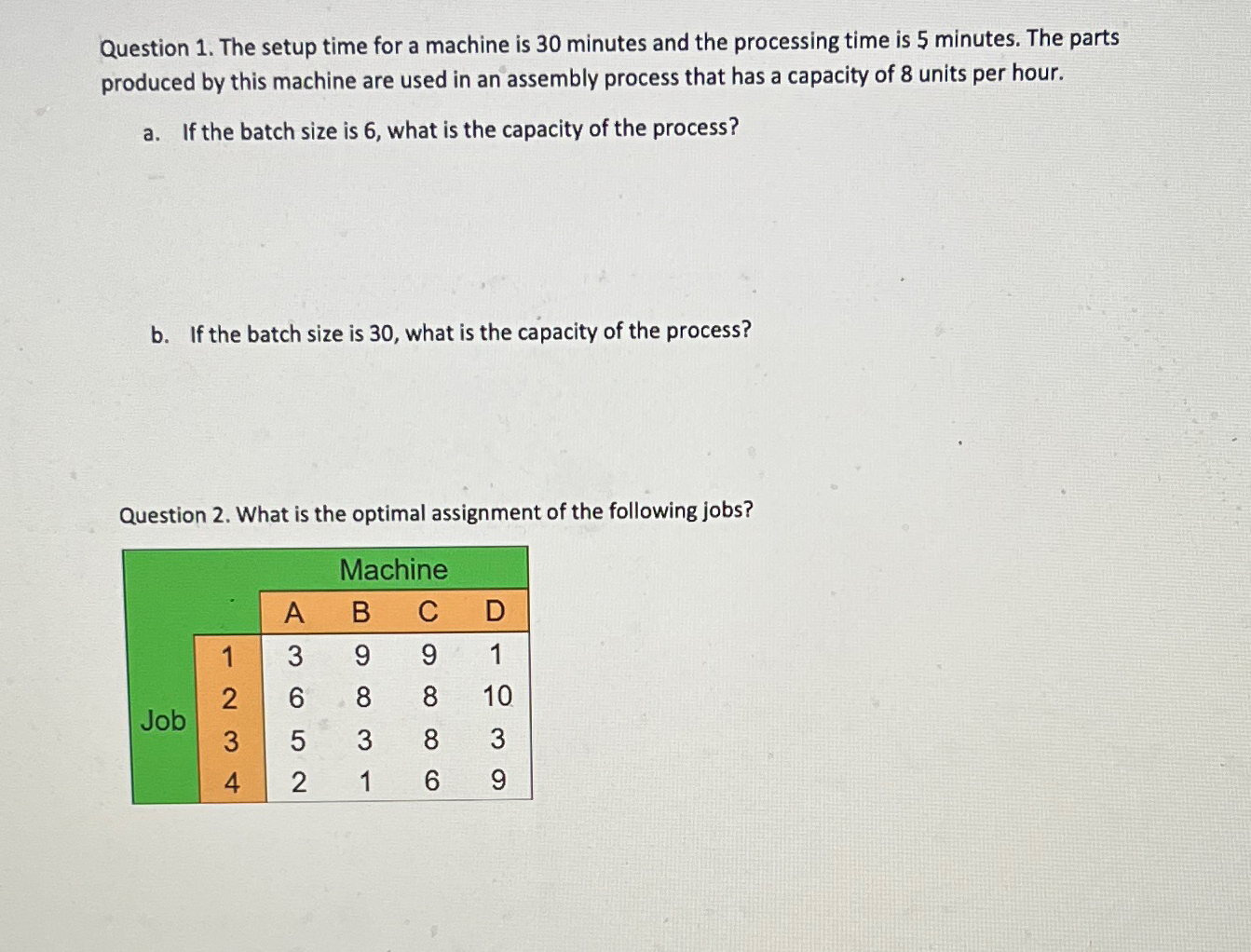  Question 1. The setup time for a machine is 30 minutes