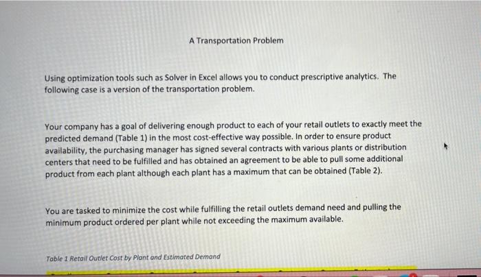  A Transportation Problem Using optimization tools such as Solver in Excel