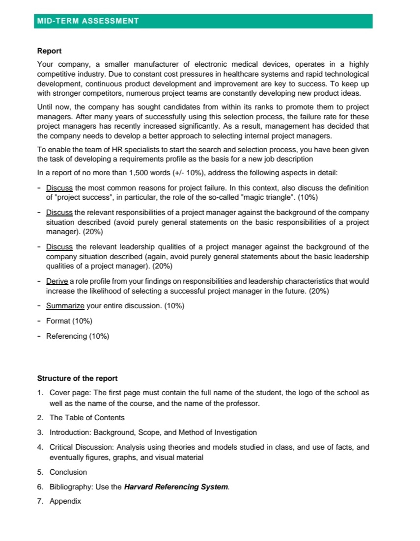  NB: IMCLUDE REFERENCES** APA FORMAT*** MID-TERM ASSESSMENT Report Your company, a