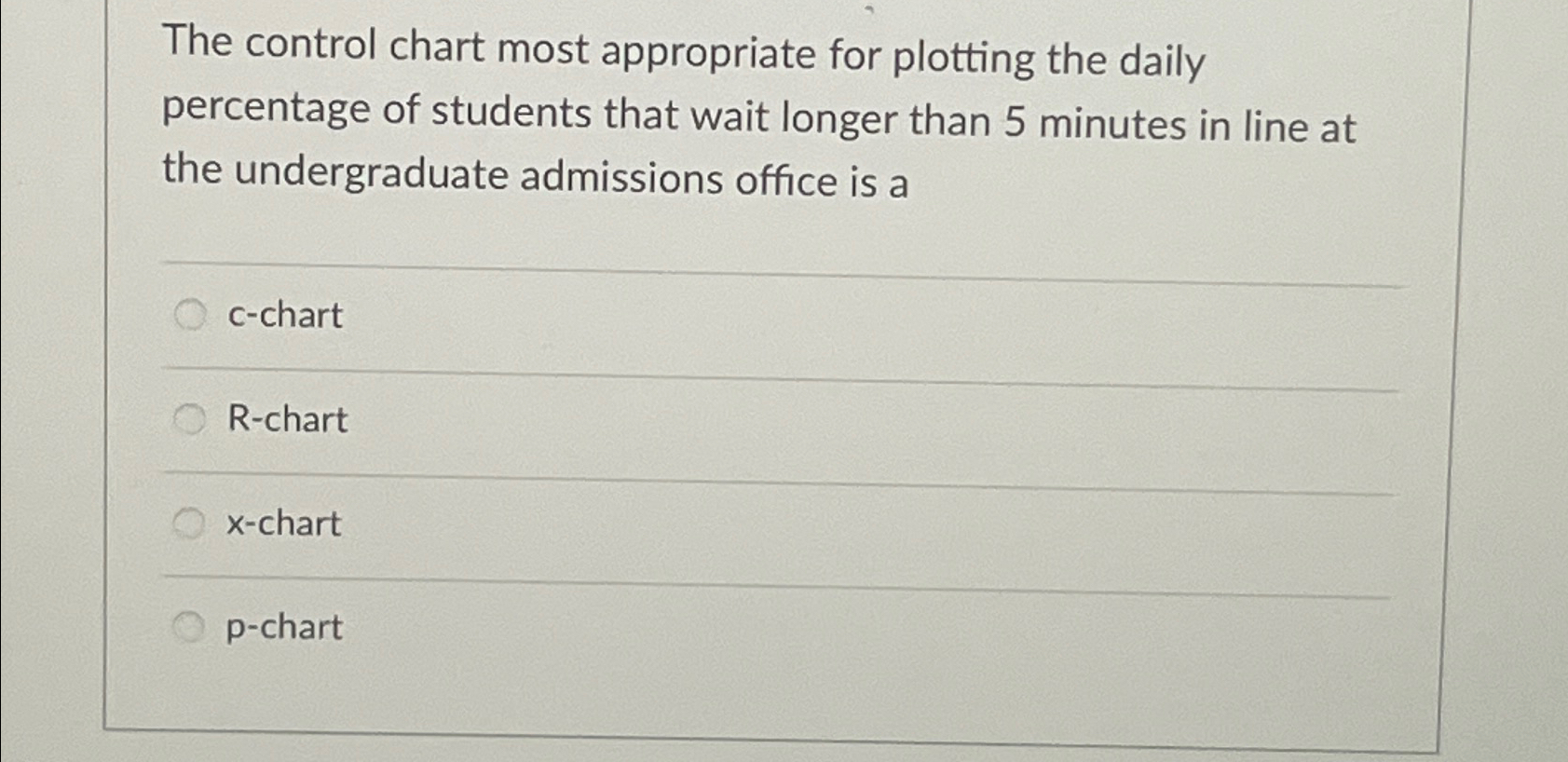  The control chart most appropriate for plotting the daily percentage of