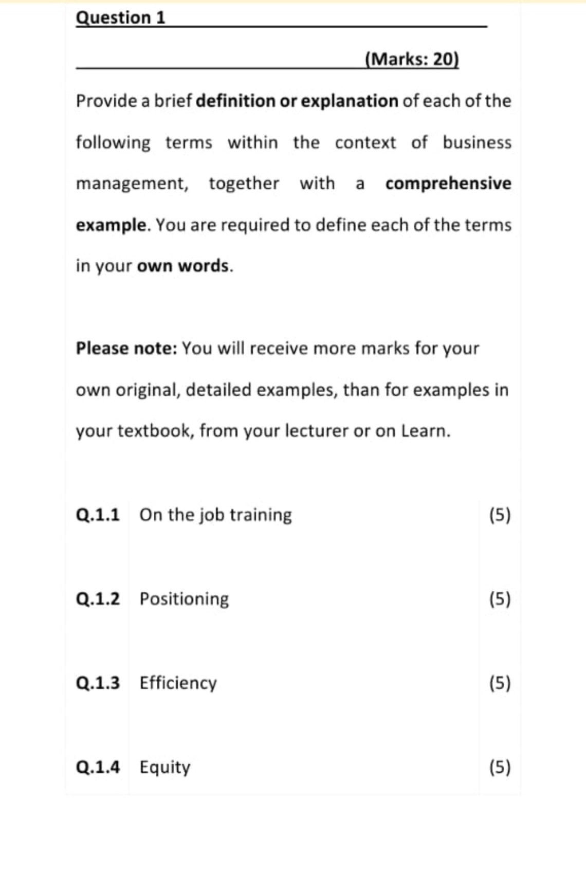  Question 1 (Marks: 20) Provide a brief definition or explanation of