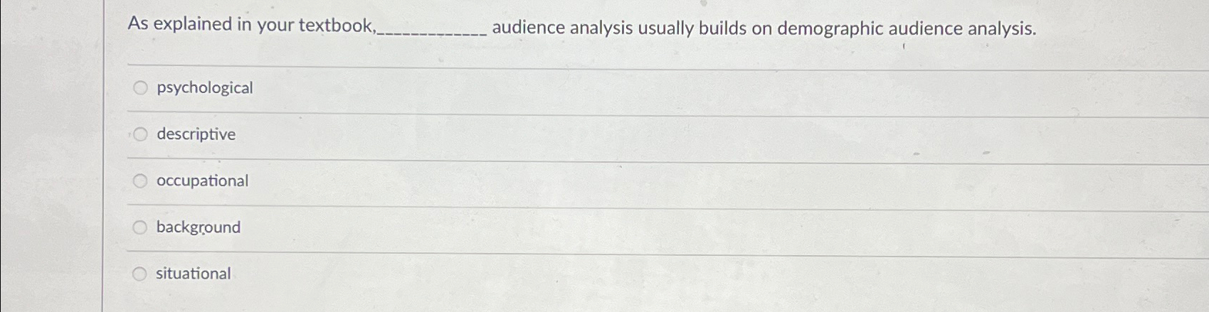  As explained in your textbook, audience analysis usually builds on demographic