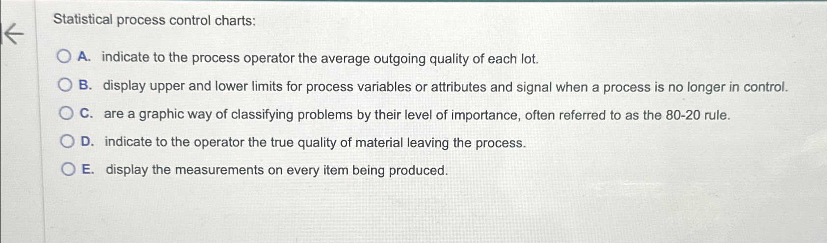  Statistical process control charts: A. indicate to the process operator the