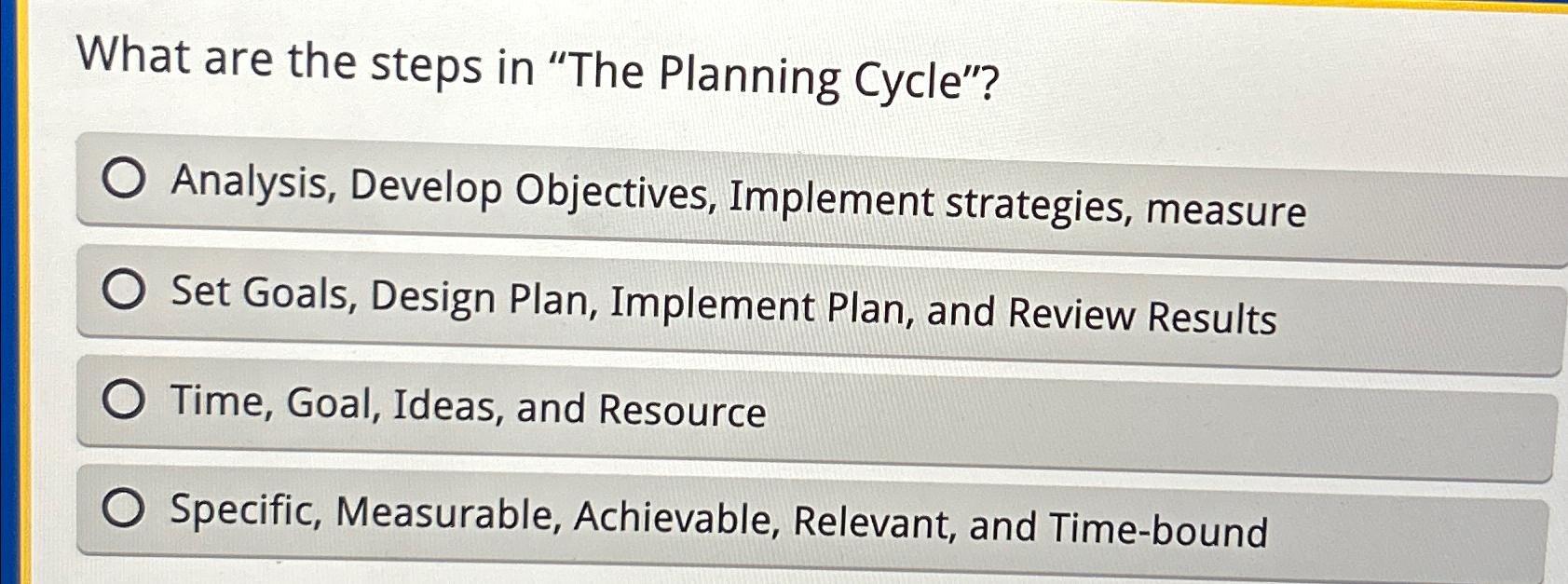  What are the steps in "The Planning Cycle"? Analysis, Develop Objectives,